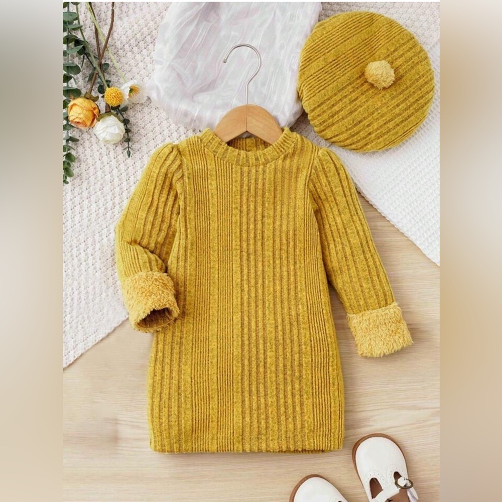 3/$13 Cozy Mustard Knit Baby Dress with Hat